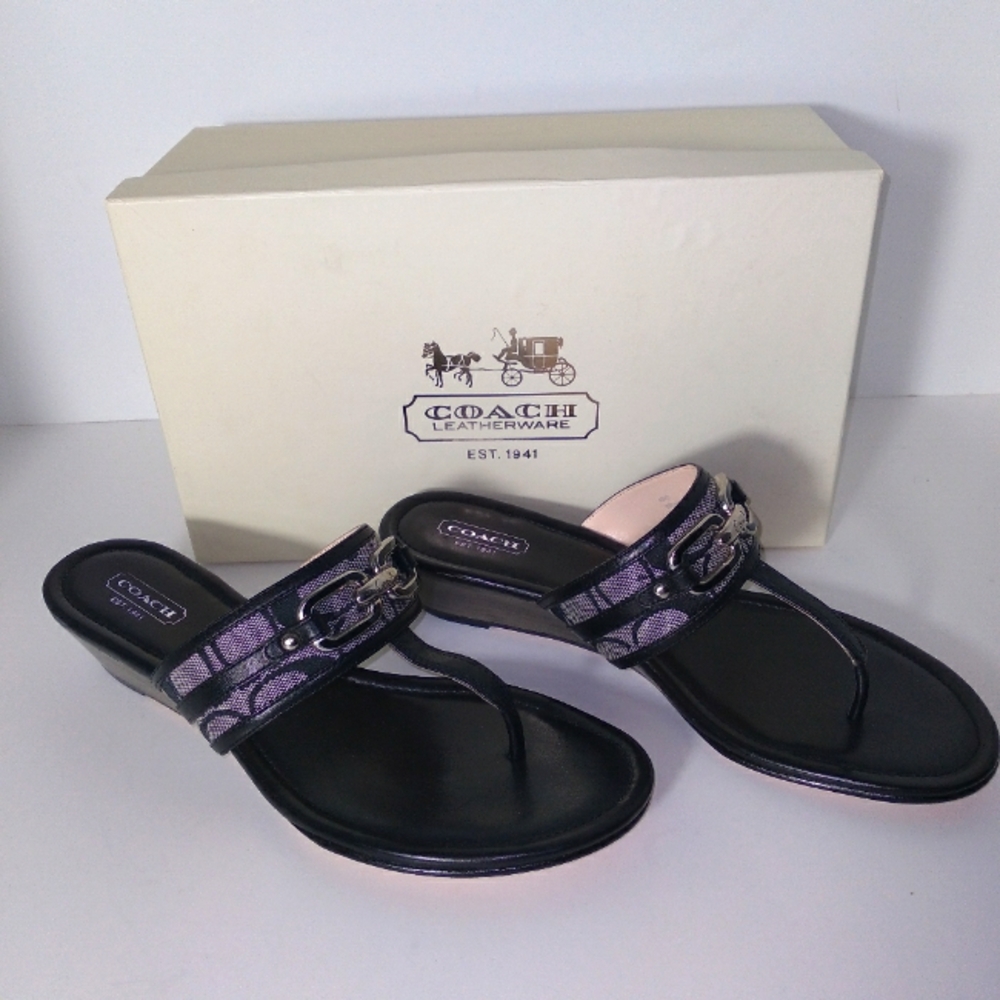 Coach Virginia Black/White/Grey Signature Wedge Sandals Size 8.5